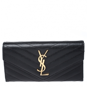 Pre Owned Saint Laurent Black Matelasse Leather Monogram Envelope Wallet