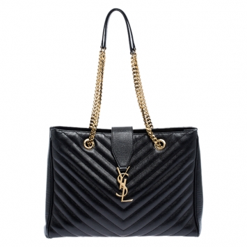 Pre Owned Saint Laurent Black Matelasse Leather Cassandre Shopper Tote