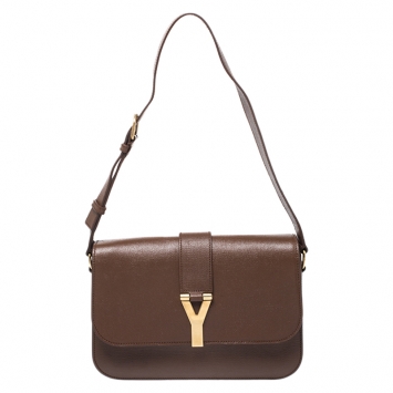 Pre Owned Saint Laurent Dark Brown Leather Large Chyc Flap Shoulder Bag