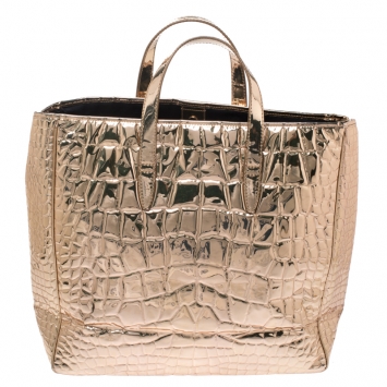 Pre Owned Saint Laurent Metallic Gold Embossed Croc Patent Leather Raspail Tote