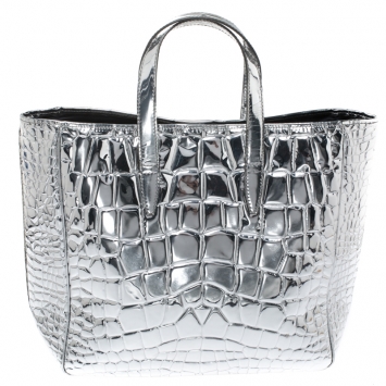 Pre Owned Saint Laurent Silver Croc Embossed Patent Leather Raspail Tote
