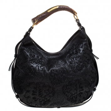 Pre Owned Saint Laurent Paris Black Embroidered Leather Leather Mombasa Hobo 