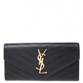 Pre Owned Saint Laurent Black Matelassé Leather Monogram Flap Wallet