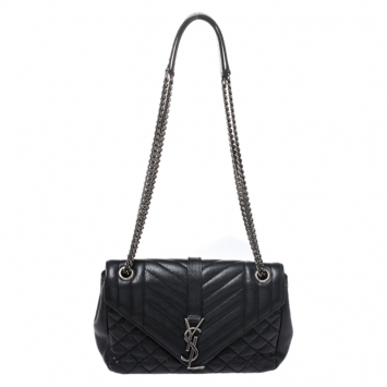 Pre Owned Saint Laurent Black Mix Matelasse Leather Medium Envelope Shoulder Bag