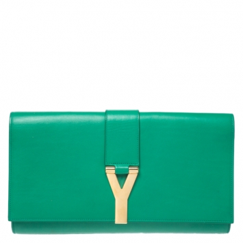 Pre Owned Saint Laurent Green Leather Ligne Y Clutch  