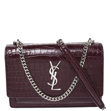 Pre Owned  Saint Laurent Burgundy Croc Embossed Leather Sunset Shoulder Bag