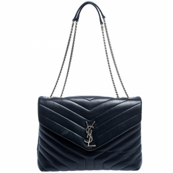 Pre Owned Saint Laurent Blue Matelasse Leather Medium Lou Lou Shoulder Bag