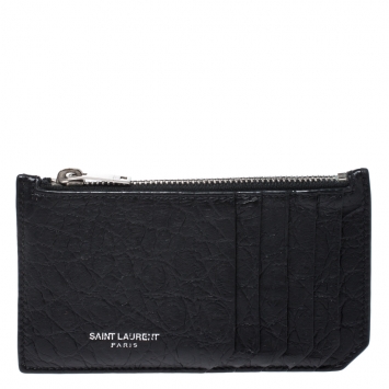 Pre Owned Saint Laurent Black Croc Embossed Leather Zipped Fragments Credit Case