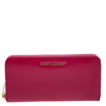 Pre Owned Saint Laurent Fuchsia Patent Leather Zip Around Wallet 