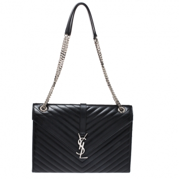 Pre Owned Saint Laurent Black Leather Monogram Envelope Shoulder Bag