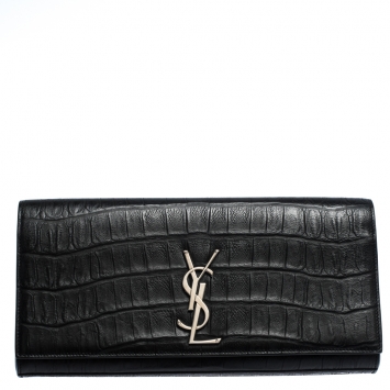 Pre Owned Saint Laurent Paris Black Croc Embossed Leather Kate Monogram Clutch