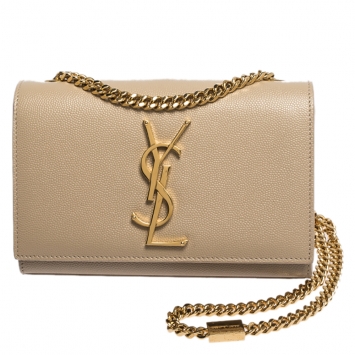 Pre Owned Saint Laurent Beige Leather Small Monogram Kate Shoulder Bag