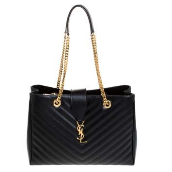 Pre Owned Saint Laurent Black Matelasse Leather Cassandre Shopper Tote