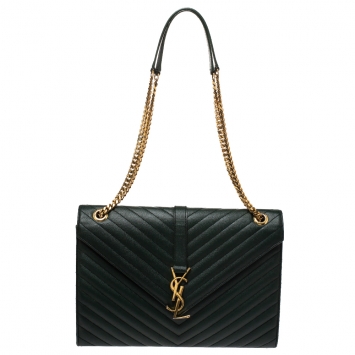 Pre Owned Saint Laurent Dark Green Matelasse Leather Large Cassandre Flap Bag