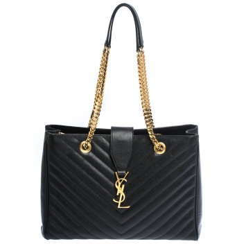 Pre Owned Saint Laurent Black Matelasse Leather Cassandre Shopper Tote