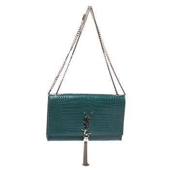 Pre Owned Saint Laurent Green Croc Embossed Leather Medium Kate Tassel Shoulder Bag