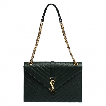 Pre Owned Saint Laurent Dark Green Matelasse Leather Large Cassandre Flap Bag