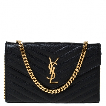 Pre Owned Saint Laurent Black Matelasse Leather Monogram Chain Clutch