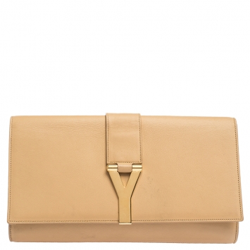 Pre Owned Saint Laurent Paris Beige Leather Y Line Clutch