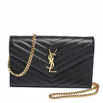 Pre Owned Saint Laurent Paris Black Leather Monogram Wallet On Chain