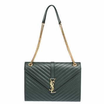 Pre Owned Saint Laurent Green Chevron Quilted Leather Monogram Envelope Shoulder Bag