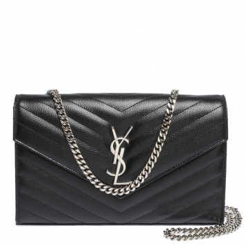 Pre Owned Saint Laurent Black Matelasse Leather Monogram Chain Clutch