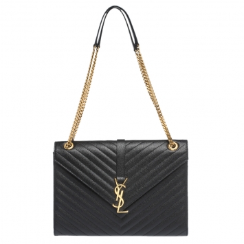 Pre Owned Saint Laurent Black Chevron Quilted Leather Monogram Envelope Shoulder Bag