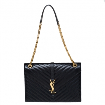 Pre Owned Saint Laurent Black Chevron Quilted Leather Monogram Envelope Shoulder Bag