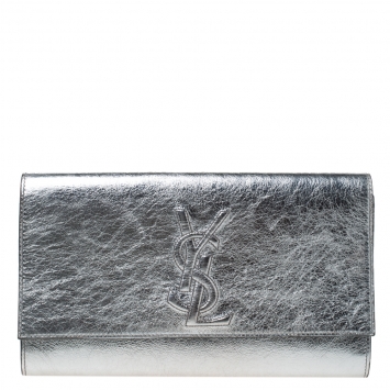 Pre Owned Saint Laurent Metallic Silver Leather Belle De Jour Flap Clutch