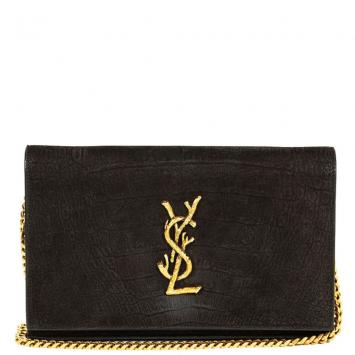 Pre Owned Saint Laurent Black Croc Embossed Suede Monogram Kate Bag