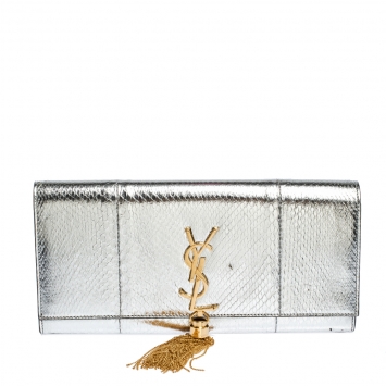 Pre Owned Saint Laurent Paris Silver Python Kate Tassel Clutch