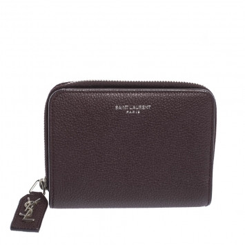 Pre Owned Saint Laurent Paris Burgundy Leather Zip Around Compact Wallet