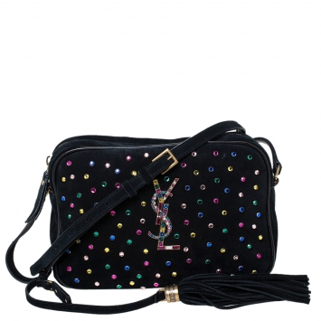 Pre Owned Saint Laurent Black Suede Crystal Embellished Lou Camera Crossbody Bag