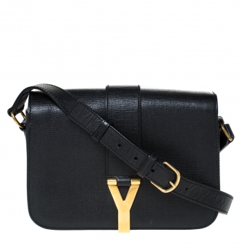 Pre Owned Saint Laurent Paris Black Leather Ligne Y Charm Crossbody Bag 