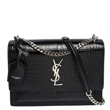 Pre Owned Saint Laurent Black Croc Embossed Leather Medium Sunset Shoulder Bag