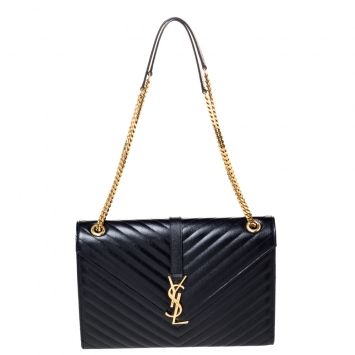 Pre Owned Saint Laurent Black Chevron Quilted Leather Monogram Envelope Shoulder Bag