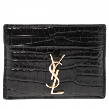 Pre Owned Saint Laurent Black Croc Embossed Leather Monogram Card Holder
