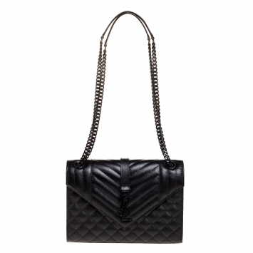 Pre Owned Saint Laurent Black Mix Matelasse Leather Medium Envelope Shoulder Bag