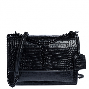Pre Owned Saint Laurent Black Croc Embossed Leather Medium Sunset Shoulder Bag