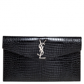 Pre Owned Saint Laurent Black Croc Embossed Leather Uptown Clutch