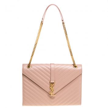 Pre Owned Saint Laurent Peach Matelasse Leather Large Cassandre Flap Bag
