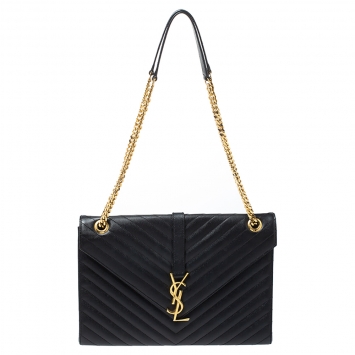 Pre Owned Saint Laurent Black Chevron Quilted Leather Monogram Envelope Shoulder Bag