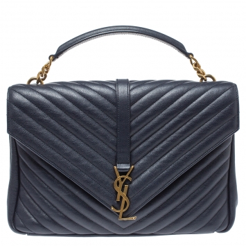 Pre Owned Saint Laurent Navy Blue Matelasse Leather Large College Top Handle Bag