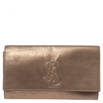 Pre Owned Saint Laurent Beige Shimmer Nubuck Leather Belle De Jour Flap Clutch