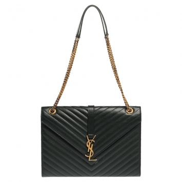 Pre Owned Saint Laurent Dark Green Chevron Quilted Leather Monogram Envelope Shoulder Bag