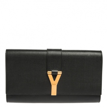 Pre Owned Saint Laurent Black Texured Leather Y Line Clutch