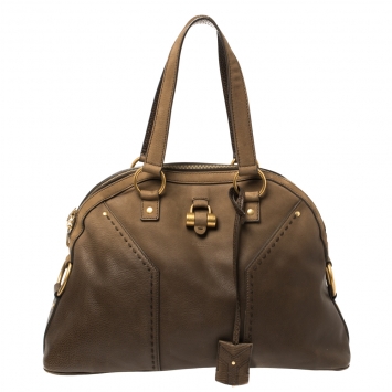 Pre Owned Saint Laurent Oilve Green Leather Large Muse Bag