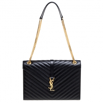 Pre Owned Saint Laurent Black Matelasse Leather Large Cassandre Flap Bag