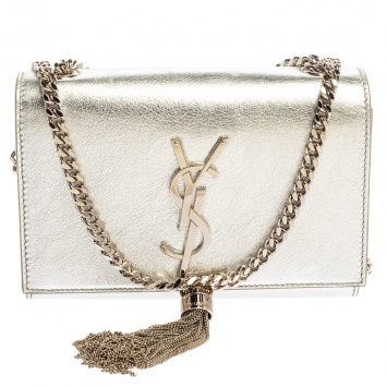 Pre Owned Saint Laurent Metallic Silver Leather Small Kate Tassel Crossbody Bag