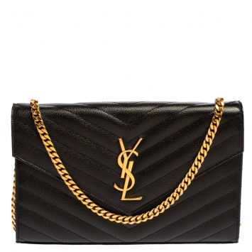 Pre Owned Saint Laurent Black Matelasse Leather Monogram Envelope Wallet on Chain
